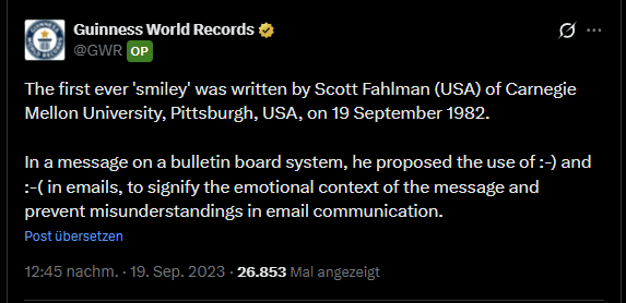 Guinness World Records tweet confirming Scott Fahlman created the first digital emoticon
